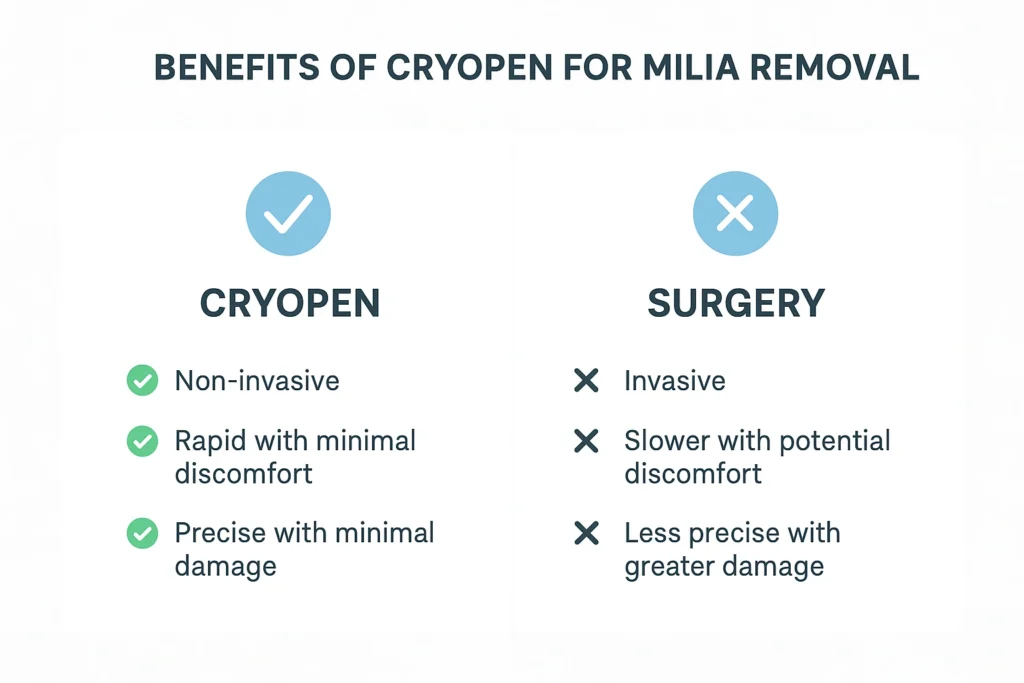 Benefits of cryopen for milia removal Royal Tunbridge Wells compared to surgical treatments.