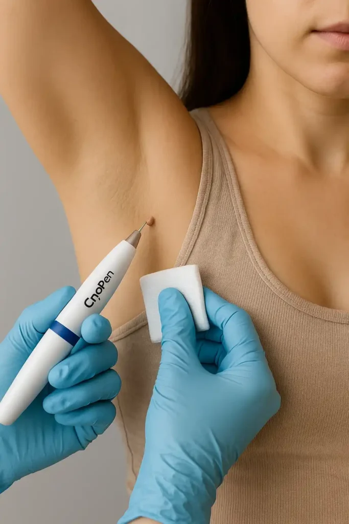 woman having cryopen to remove underarm skin tags Royal Tunbridge Wells