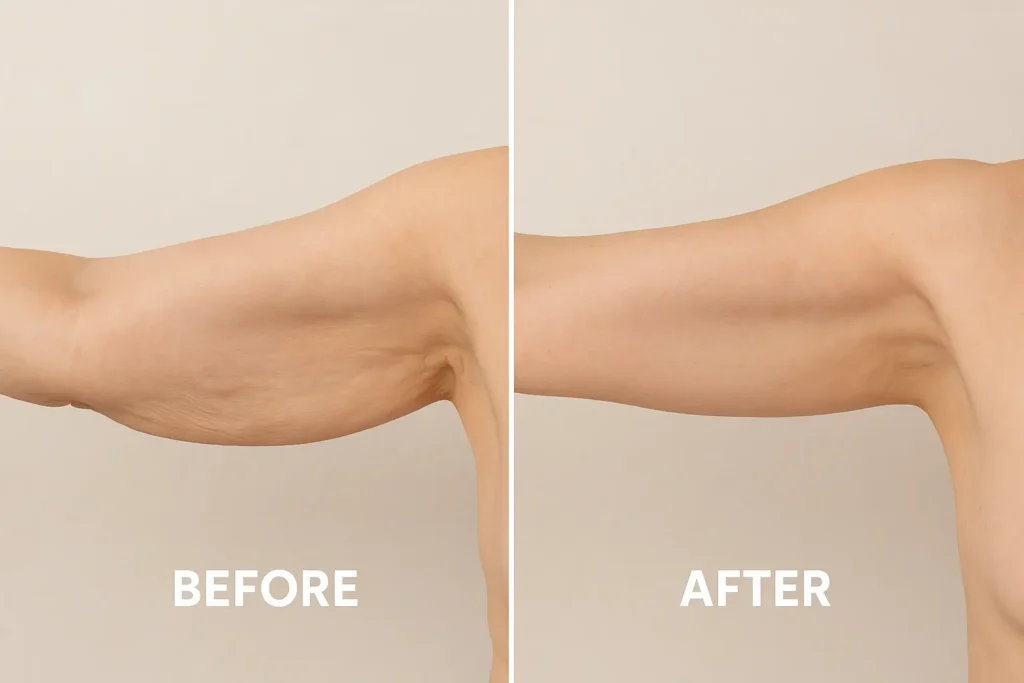 Picture of LA LIPO Royal Tunbridge Wells before and after results of skin tightening treatment on the upper arms.