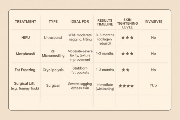Table showing the comparisons of Skin tightening Royal Tunbridge Wells treatment options.